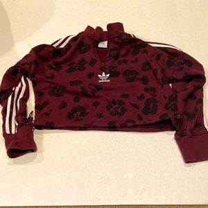 Adidas womens crop burgundy leopard print hoodie with adjustable waist tie